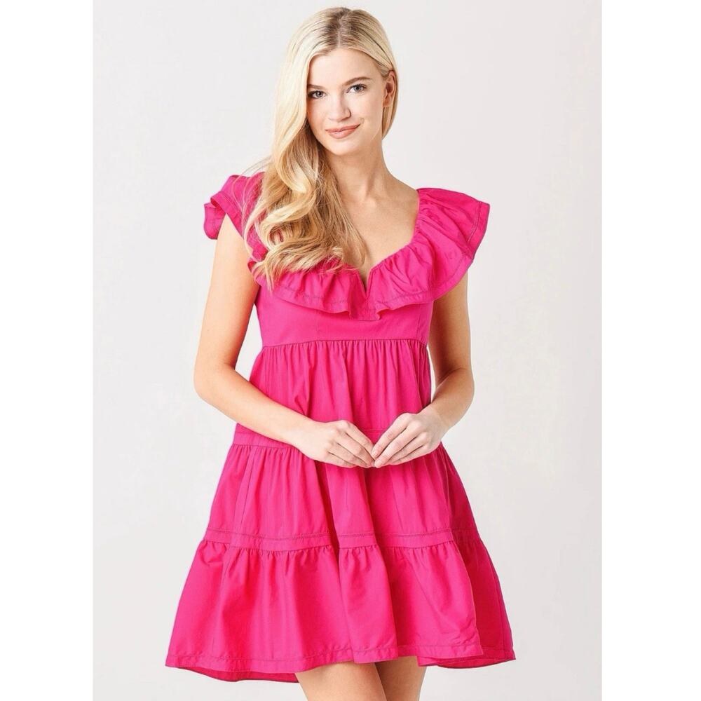 Saylor NYC Karalyn Hot Pink Cotton Poplin Ruffle Neck Bow Tie Back Dress M
